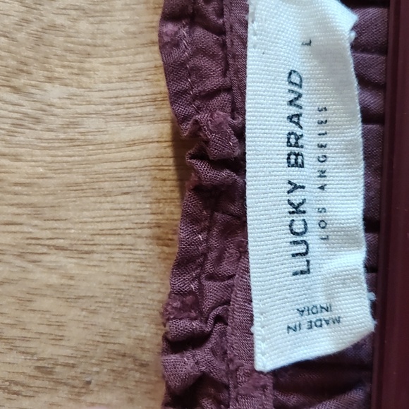 Lucky Brand Boho Cropped Swiss Dot Peasant Blouse Mauve Modal Blend Flowy Lace L - Picture 9 of 11